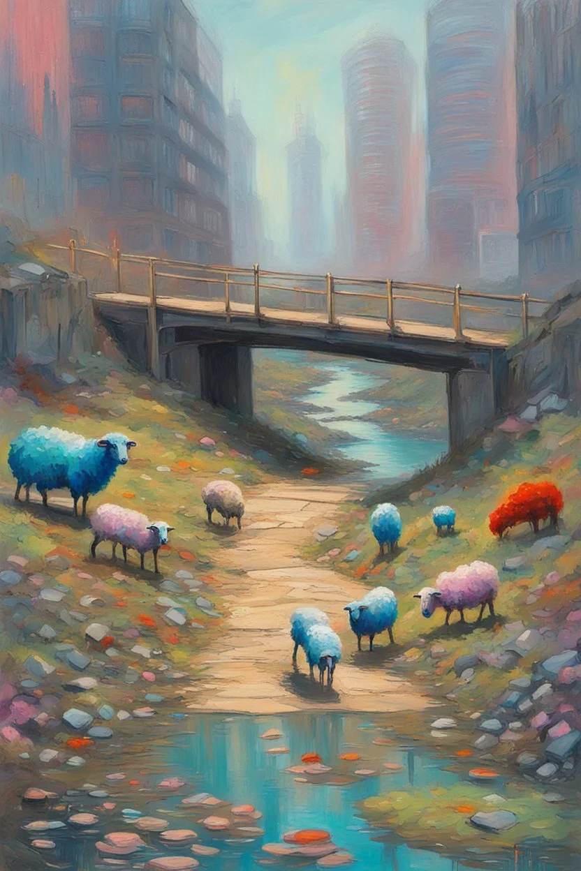 painting of a cyberpunk colourful natural walkway rubbish on the street in the city with pollution and a small bridge by a creek with electric sheep and androids by monet