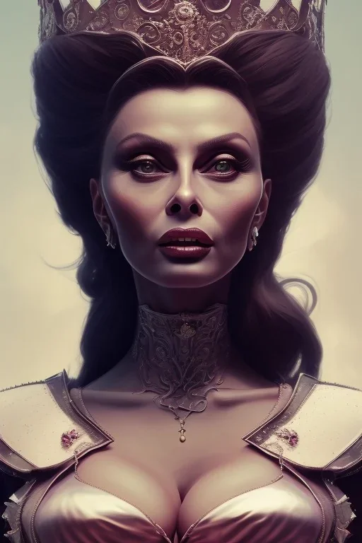 Sophia Loren as evil queen in black leather, cleavage, angry, stern look. character design by cory loftis, fenghua zhong, ryohei hase, ismail inceoglu and ruan jia. unreal engine 5, artistic lighting, highly detailed, photorealistic, fantasy