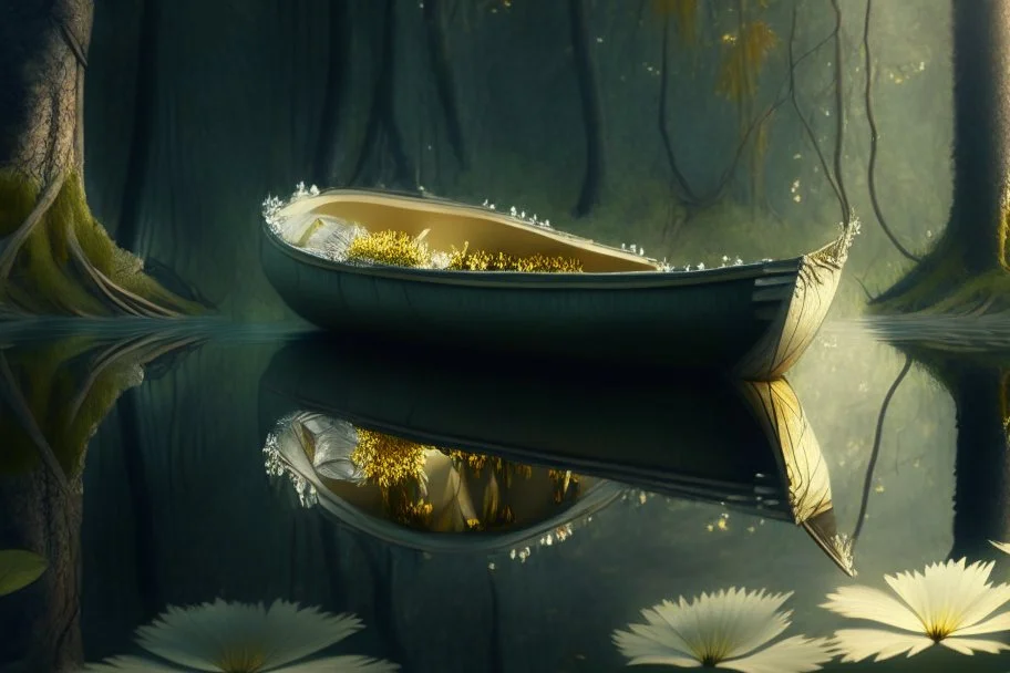 narcissus in boat, in forest by lake, book illustration, fine detail, 4k, trending, volumetric light, depth of field