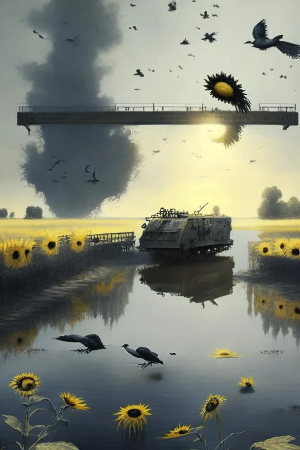 gray lake with bridge of sunflowers and tanks and black birds in fuggy sky with dim sunlight