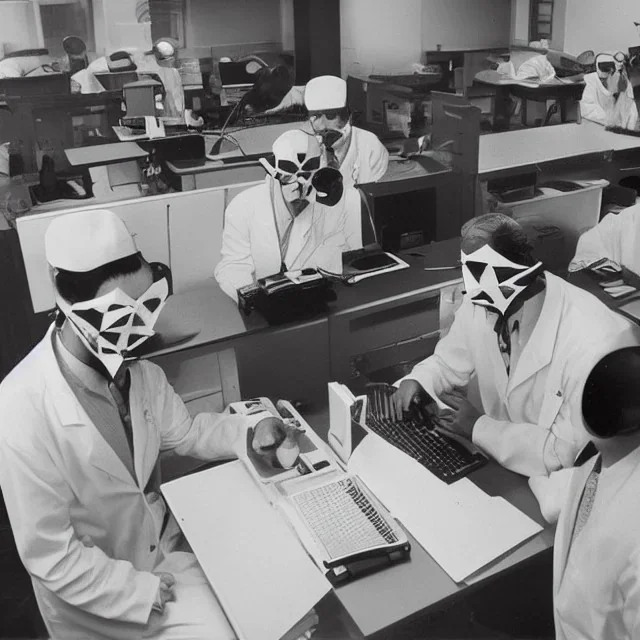 scientists at the computer in carnival masks. the masks are checkered.