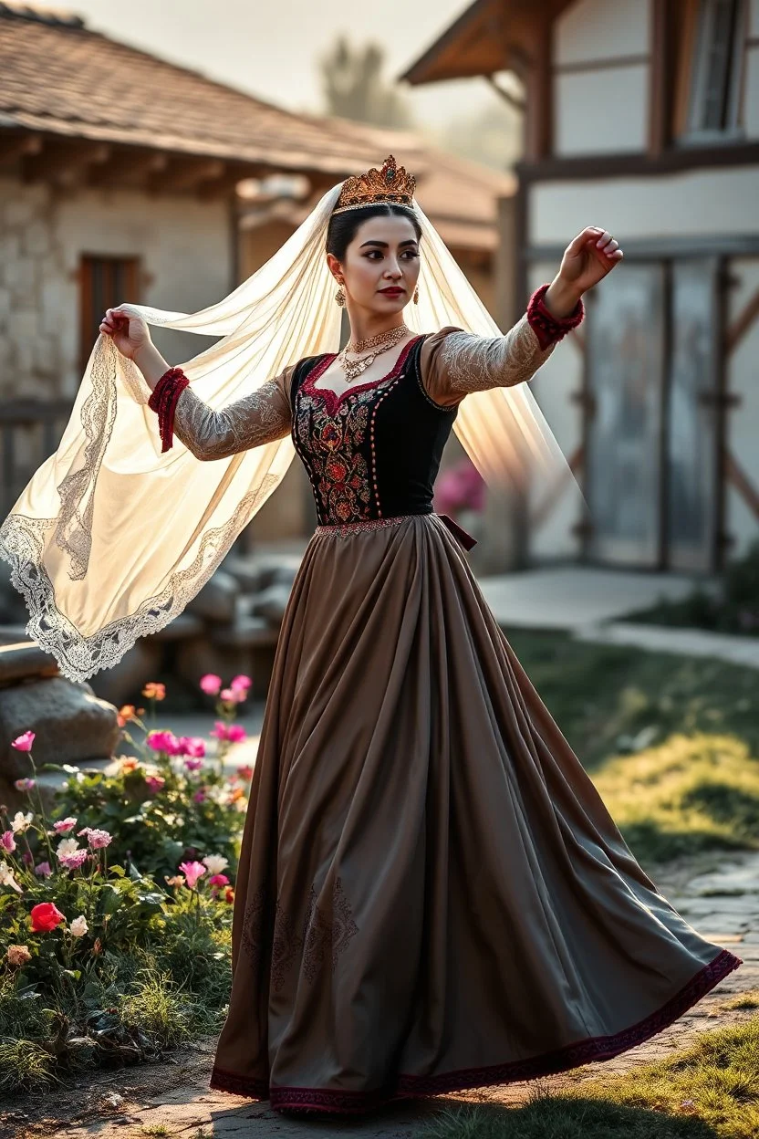 A full-body cinematic photograph of a graceful Azerbaijani woman performing a traditional national dance. She wears an intricately embroidered velvet bodice and a flowing long silk skirt. On her head is a small ornate traditional crown with a long, translucent white lace veil flowing elegantly behind her. She stands in a poised, elegant dance pose in a pretty country side village with dramatic professional spotlighting. next to river flowers