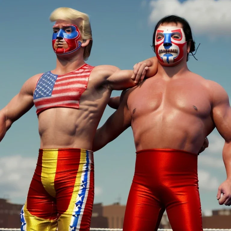 Realistic image of Donald trump wrestler, Mexican wrestling style, Mexican wrestling mask eyes, red and blue breeches, glow us flag dress, suspenders, retro style, 80s, vibrant color, highly detailed, sky background, concept art, unreal engine 5, god rays, ray tracing, RTX, lumen lighting, ultra detail, volumetric lighting, 3d, finely drawn, high definition, high resolution.