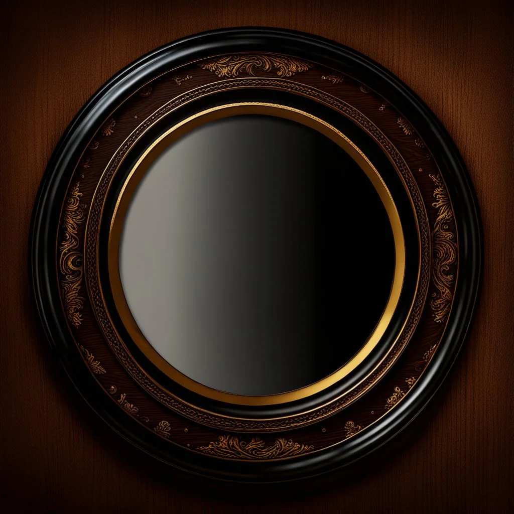 Empty Picture frame, round circular, dark wood, golden inlays, pirate style