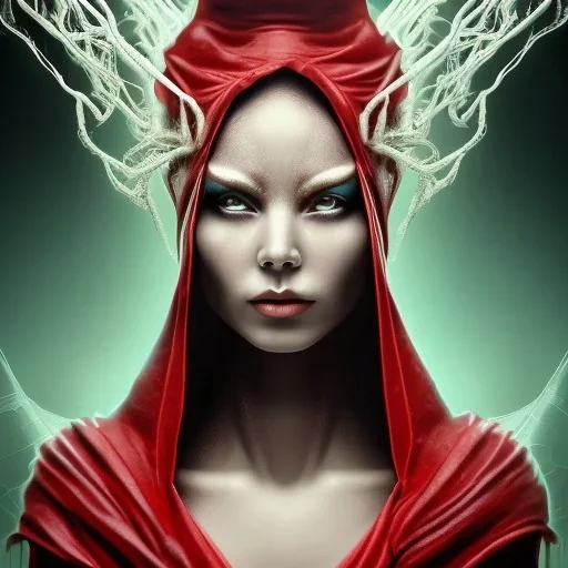 This spider woman is a fearsome sight to behold, with the body of a human woman and the head and legs of a spider. She is draped in a flowing red cloak, with a hood that covers her spider head. Her skin is covered in shimmering black scales, and her eyes glow a bright, otherworldly green. She is fast and agile, able to climb walls and ceilings with ease. She has venomous fangs and sharp claws, and she can spin webs of magical energy to ensnare her enemies. She is intelligent and cunning, and she