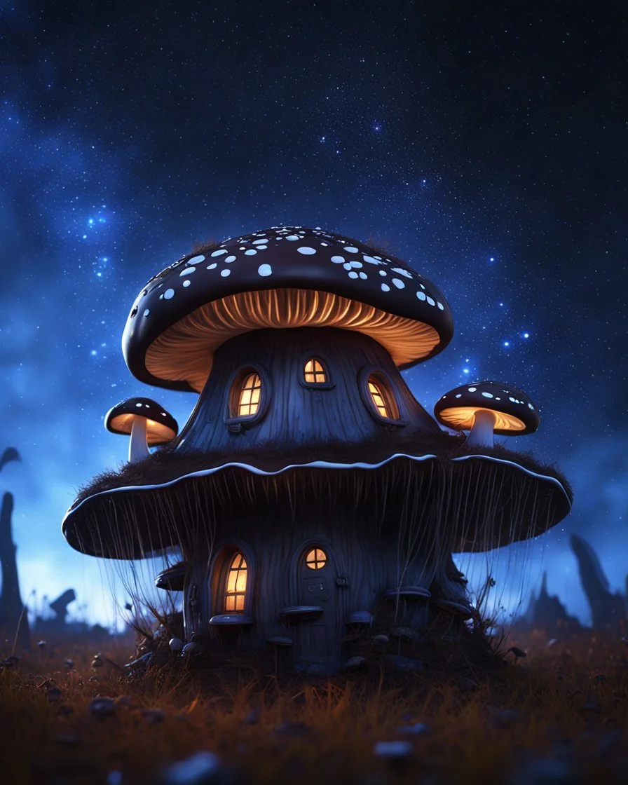 An illogically floating mushroom house on a clear night. white blue black, Stars Dark cosmic interstellar. Detailed Matte Painting, deep color, fantastical, intricate detail, splash screen, hyperdetailed, insane depth, concept art, 8k resolution, trending on Artstation, Unreal Engine 5, color depth, backlit, splash art, dramatic, High Quality Whimsical Fun Imaginative Bubbly, perfect composition