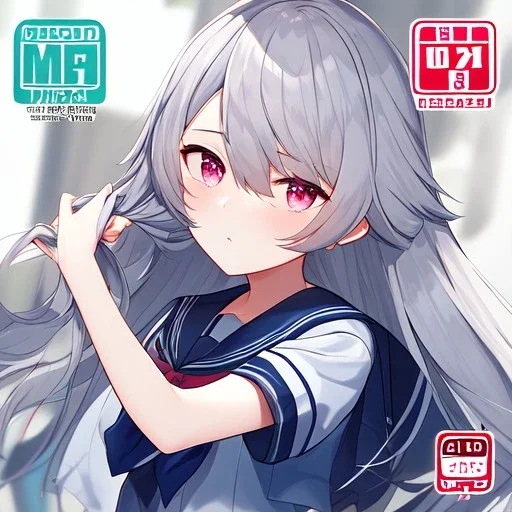 Clear focus,High resolution, grey long fluffy hair, long fluffy bangs, pink eyes, wearing a school outfit, extreme close up, front hair cover eyes, holding hair, wearing a short skirt