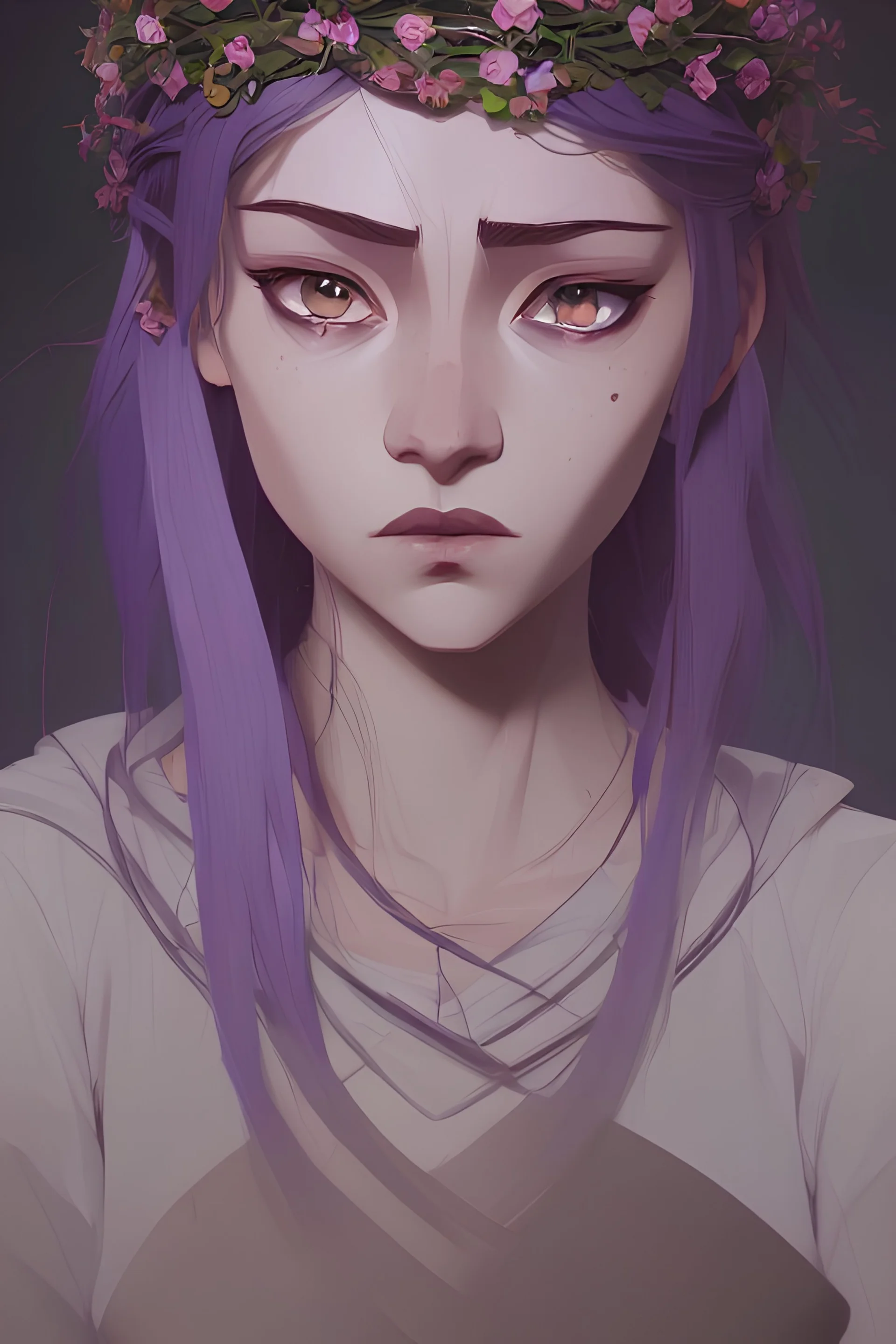 female wearing a crown of flowers, smooth big dreamy eyes, beautiful intricate colored hair, symmetrical, anime wide eyes, soft lighting, detailed face, by makoto shinkai, Stanley art germ lau, wallop, ross-draws, concept art, digital painting, looking into the camera