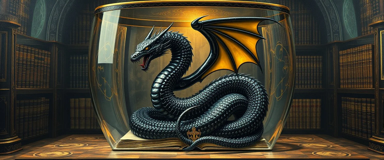 master oil painting by Escher and Giger, ancient library book obsidian fluffy chrome black serpent dragon inside huge transparent vase and with gold, master 3d models, book of the dead, flash rune symbol, hate king