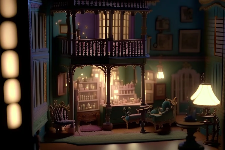 external view of a Victorian doll's house in the play room, cinematic lighting, very detailed