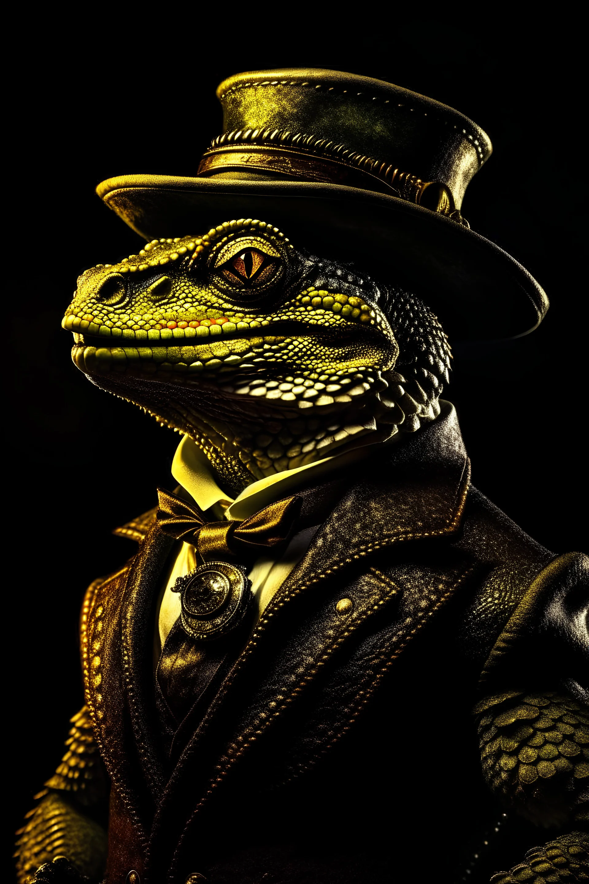 Portrait of a lizard wearing a steampunk suit by the moonlight