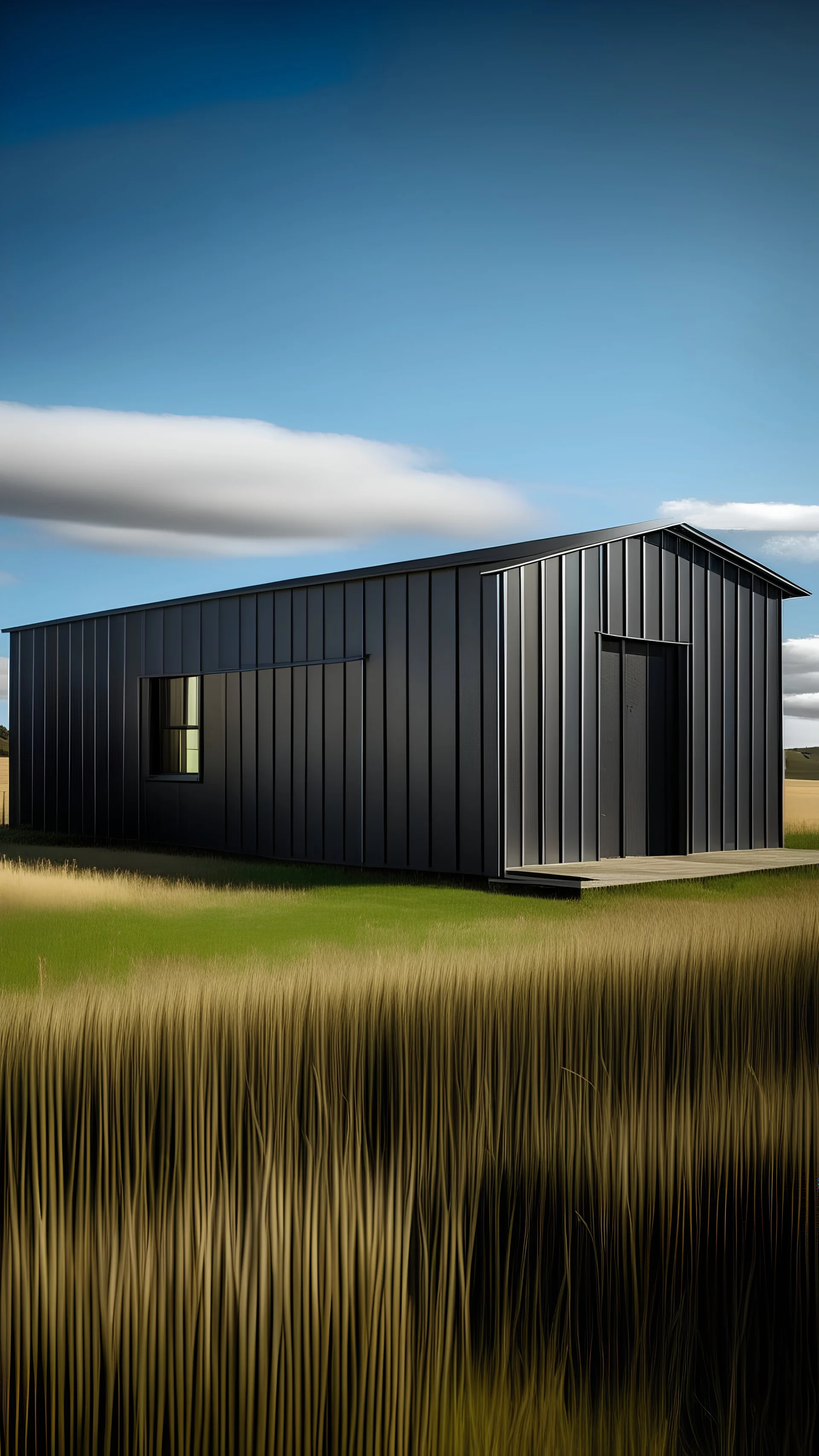 Highly contrasted metal shed on a flat grassland scape