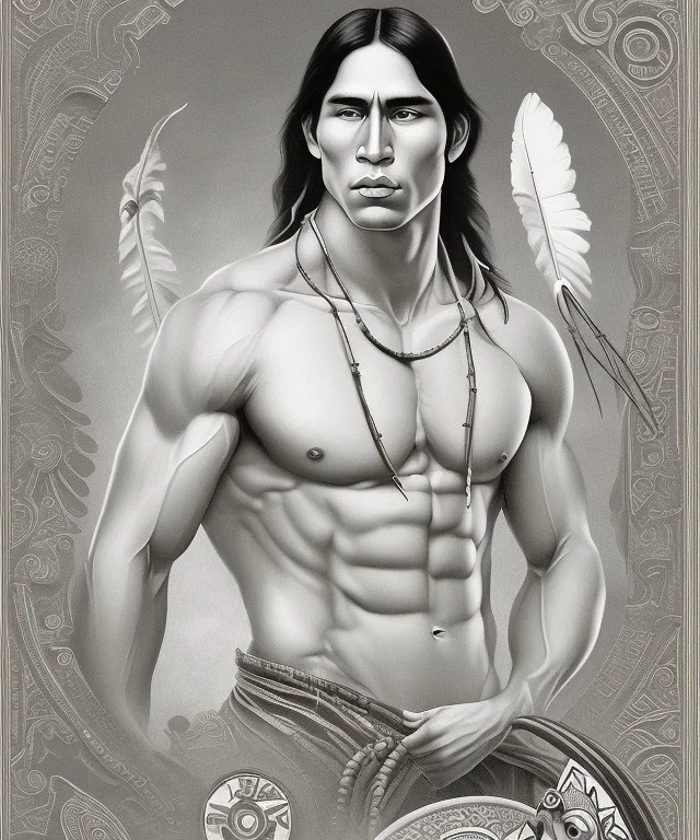 native american warrior, long black hair, big muscles, big half circular from shoulder to chest fabric piece