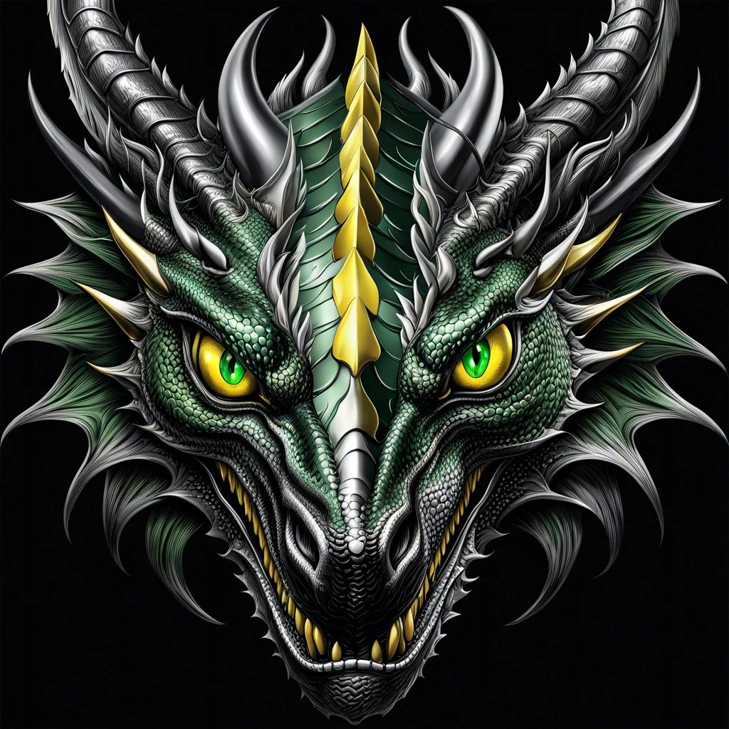 stunning metallic shiny silver-green dragon head with yellow eyes on black background, dragon looking the camera, dark fantasy, vector illustration, 2d , centered, high detalied, professional, line art, vector graphics, dark mood, hyper realistic, deep colors, cinematic