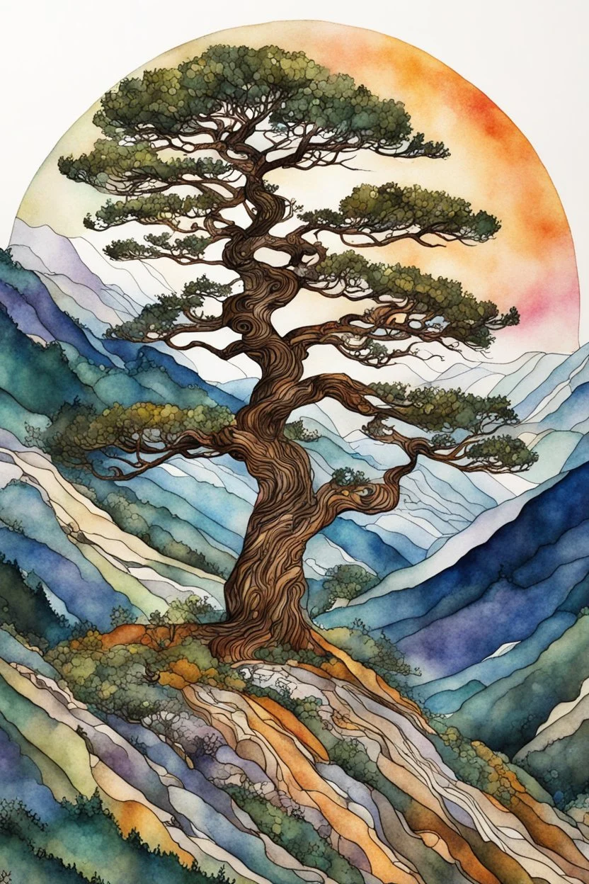 random watercolor Zentangle patterns in the styles of Gustav Klimt ,Wassily Kandinsky, Alphonse Mucha, and Kay Nielsen that depicts an ancient Bristlecone Pine at a high Rocky Mountain plateau , with fine ink outlining