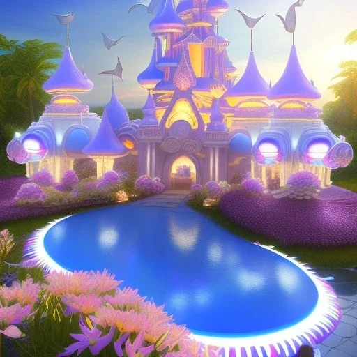 landscape of summer tropical ambient beutiful castle white gold and neon lights bright and colorful bright gloss effect of a futuristic house,like spaceship, natural round shapes concept, large transparent view of the open outdoor garden,sea beach at sunset, gold crystals,with light pink, flowers of Lotus, beutiful pools, light of sun , palmiers,cerisiers en fleurs, wisteria, sun , stars, small waterfalls