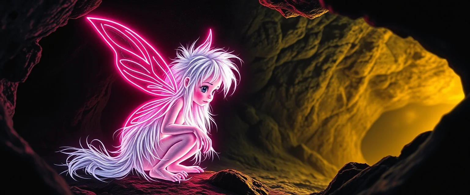 pen outline with some neon airbrush, reflective transparent glowing pixie in the shadows with long fluffy white fur looking at awesome glowing cave painting, pin hole camera, in the style of Rembrandt