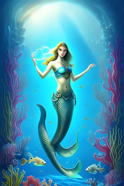 underwater scene, a mermaid with shimmering tail, octopus, fish, beautiful colors, very fine detail, high quality, mystical, romanticism, intricate,