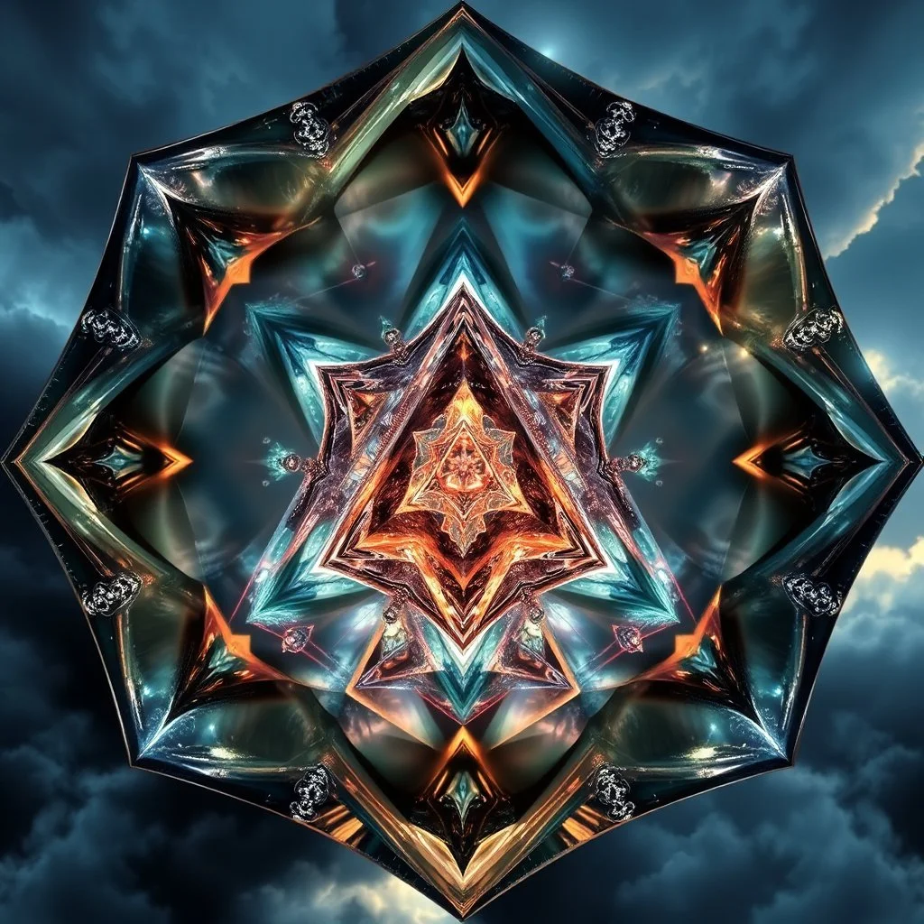Dynamic hypnotic fractal 3D Pyramids pentagonal Symmetry and morphing between organic and geometric forms , smooth translucent iridescent glass with inner glow and bubbles, varied transparent materials, stormy skies, intense dramatic