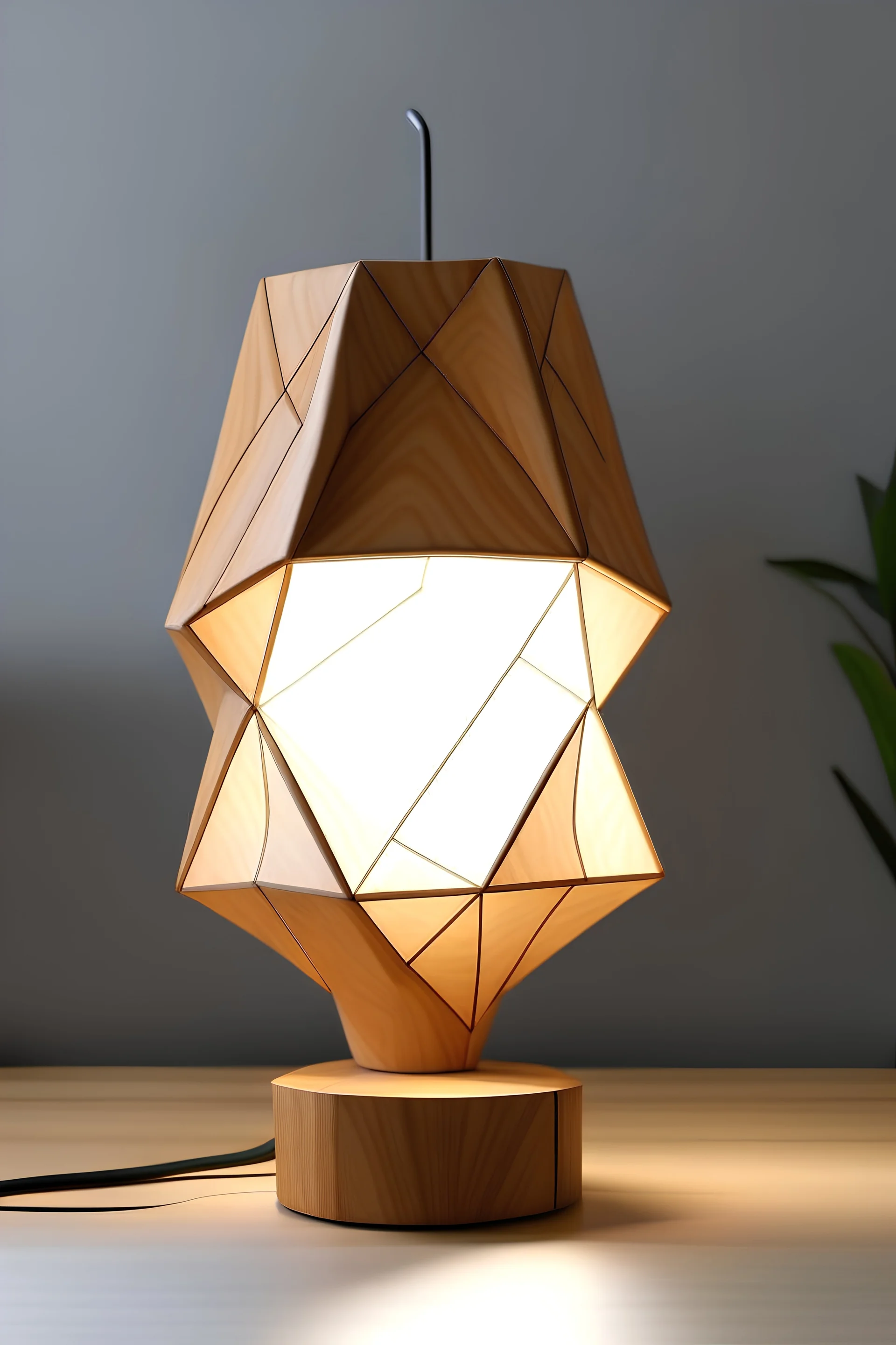 aesthetic modern table lamp with a wood base and top paper material shade inspired by geometric shape