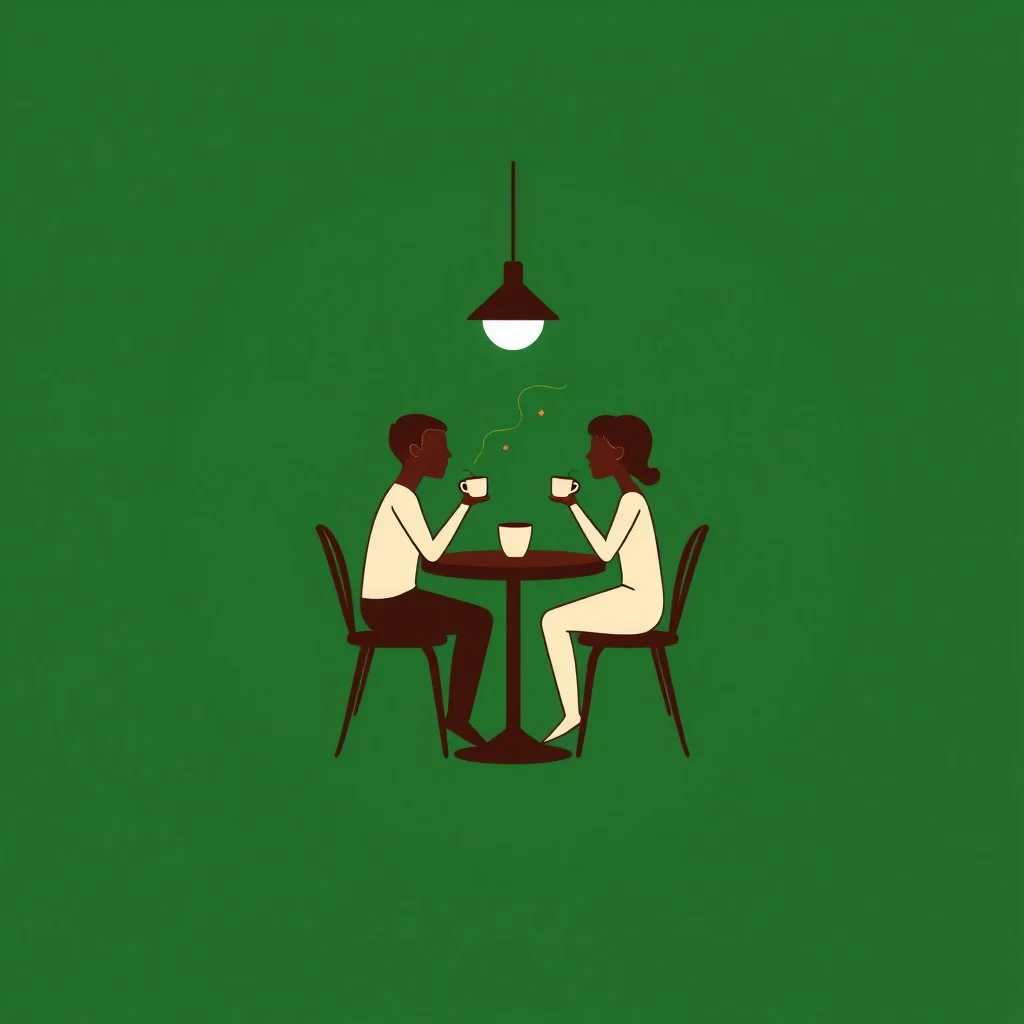 A circular logo for a cafe in a beautiful green color, with two people sitting around a two-person table in the center of the circle, drinking coffee, and the cafe light above the table is on, with each person's head resembling a coffee cup.