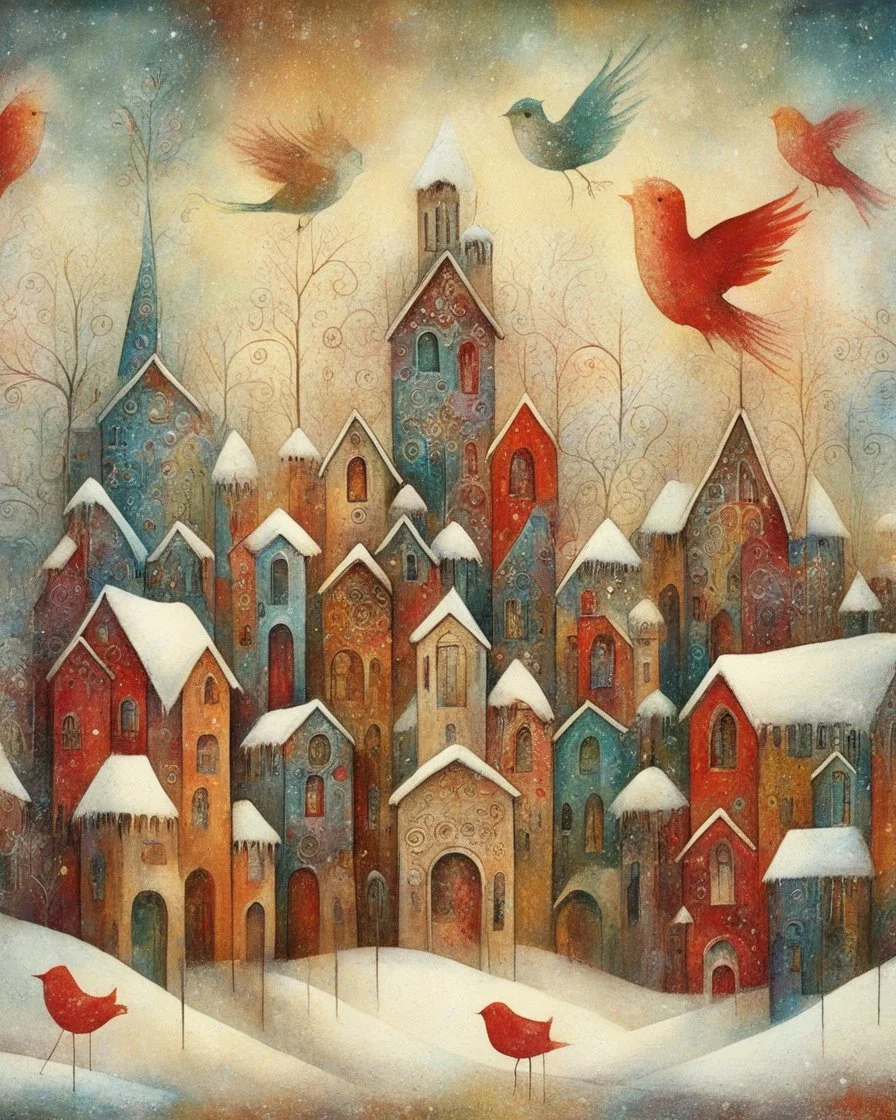 dance of snow-covered, whimsical, multicoloured houses of incredible architecture, bizarre Christmas trees and red, whimsical birds. Style of Inge Shuster, Catherine Hyde, Erica Hopper, Gabriel Pacheco, Jamie Heiden, Antoine Josse , Angelina Wrona, Duy Huyn, Cecilia Frigati, Esao Andrews. Abstract background with texture, grunge paper, mixed media art,acrylic, oil pastel, set of charcoal with different characteristics, pigments. Promt©valestok. Full size image, no text, no copyright. Modifiers: