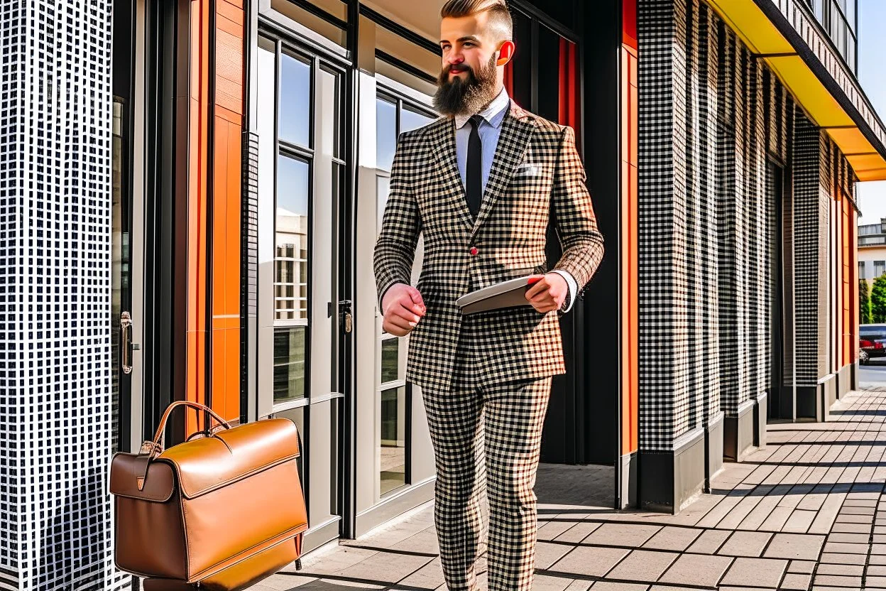 bearded man in elegant suit with checkered skirt on high heels standing next to a restaurant holding a laptop case in sunshine