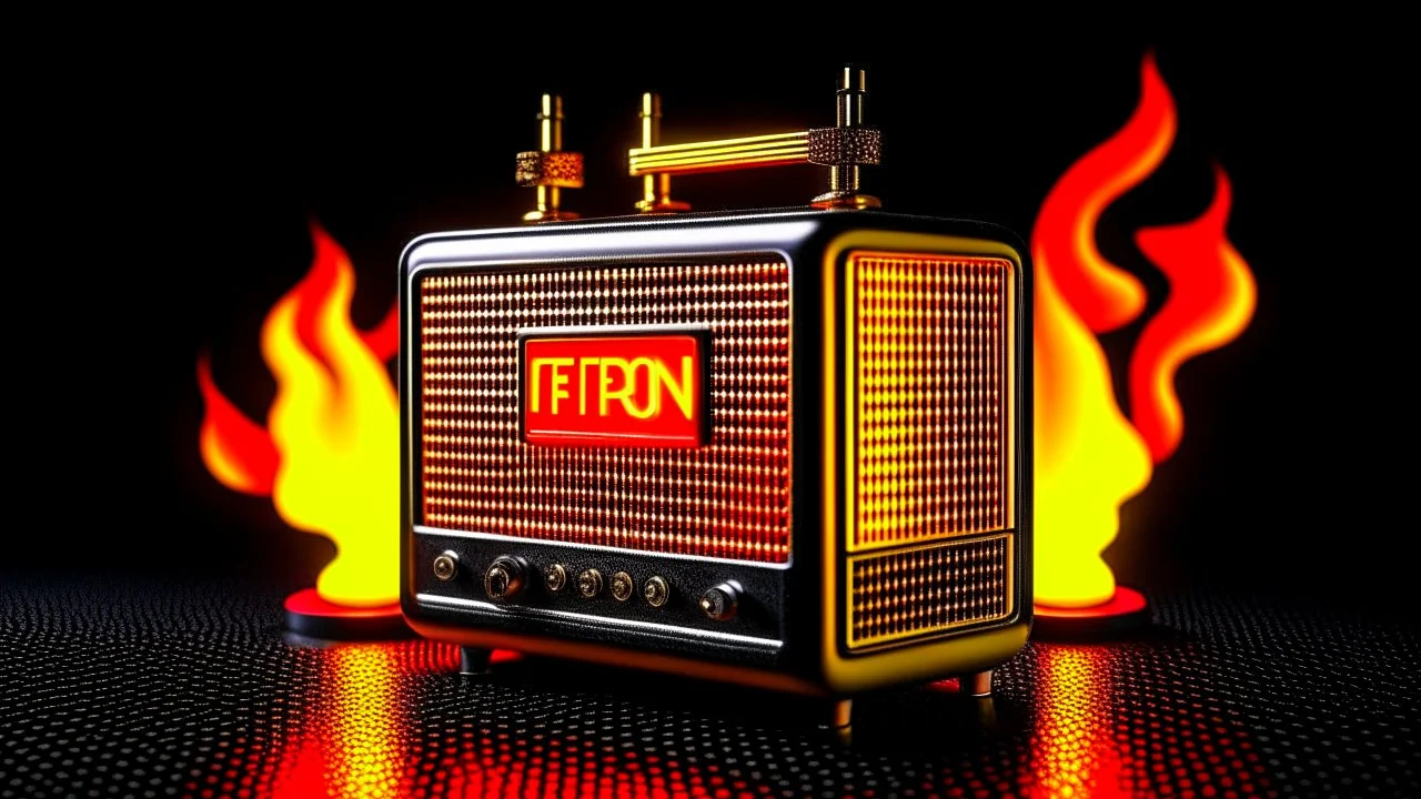 Logo emission radio metal firestarter. 4k full realism, ultra details, lumieres maximum. Studio de radio en feu en arrière plan.