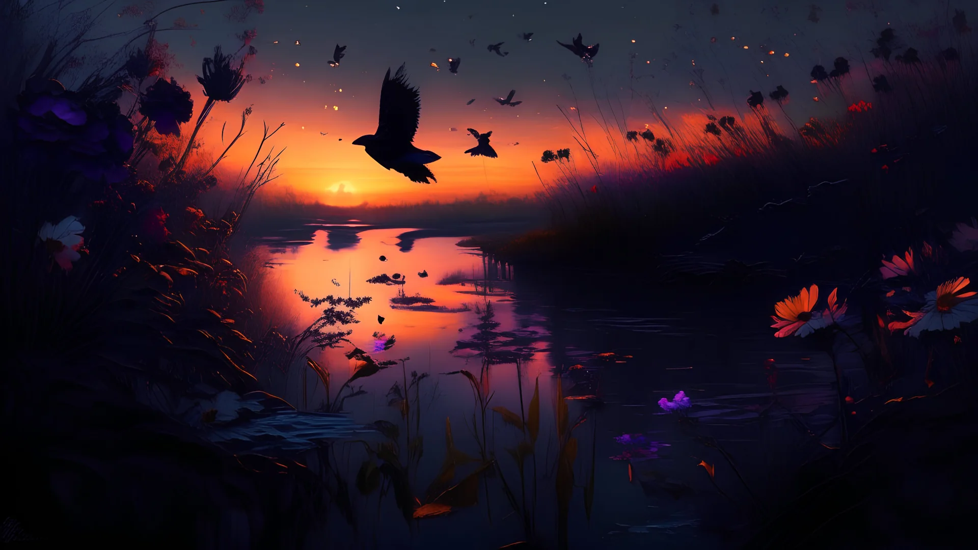 Darkness, river, sunset, flowers, ravens, fireflies, epic,