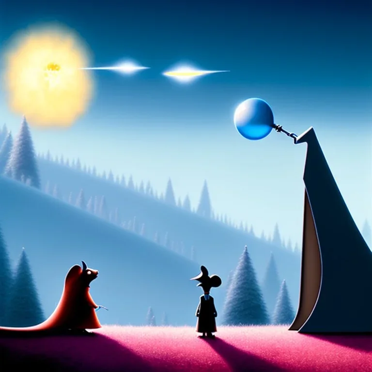 The mouse and the grim reaper discussing the future of the universe on bubble world, art by Pixar and Magritte