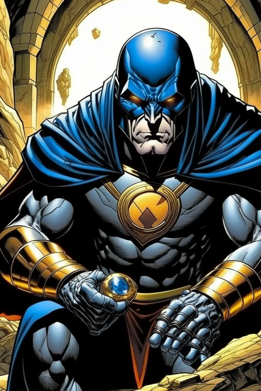 darkseid with gold jewelry and diamond ring; inside Batman's cave