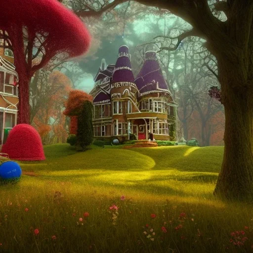 rambling, Victorian house made of gingerbread and vibrant candy, cotton candy trees and felt grass, 8k resolution, centered, high-quality, ultrafine-detail, digital art, detailed matte, volumetric lighting, illustration, 3D octane render, brian froud, howard lyon, greg rutowski, George Grie