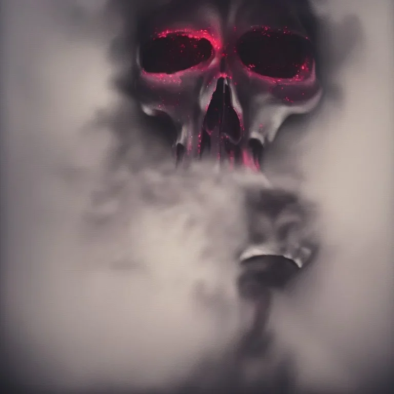 abstract photographic camera mixed with skull in dirty style. fog and smoke in atmosphere. bokeh, lens flare. Dark mood. Dripping paint. oil on canvas, mixed media, high detailed.