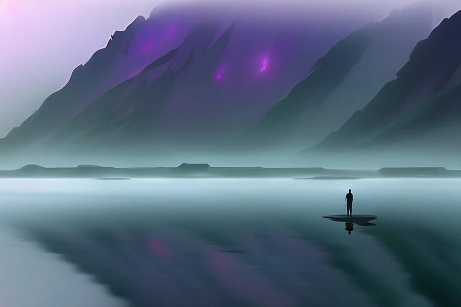 Person seeing a Magic infinite mirror in the misty lagoon, that reflects galaxy, misty landscape