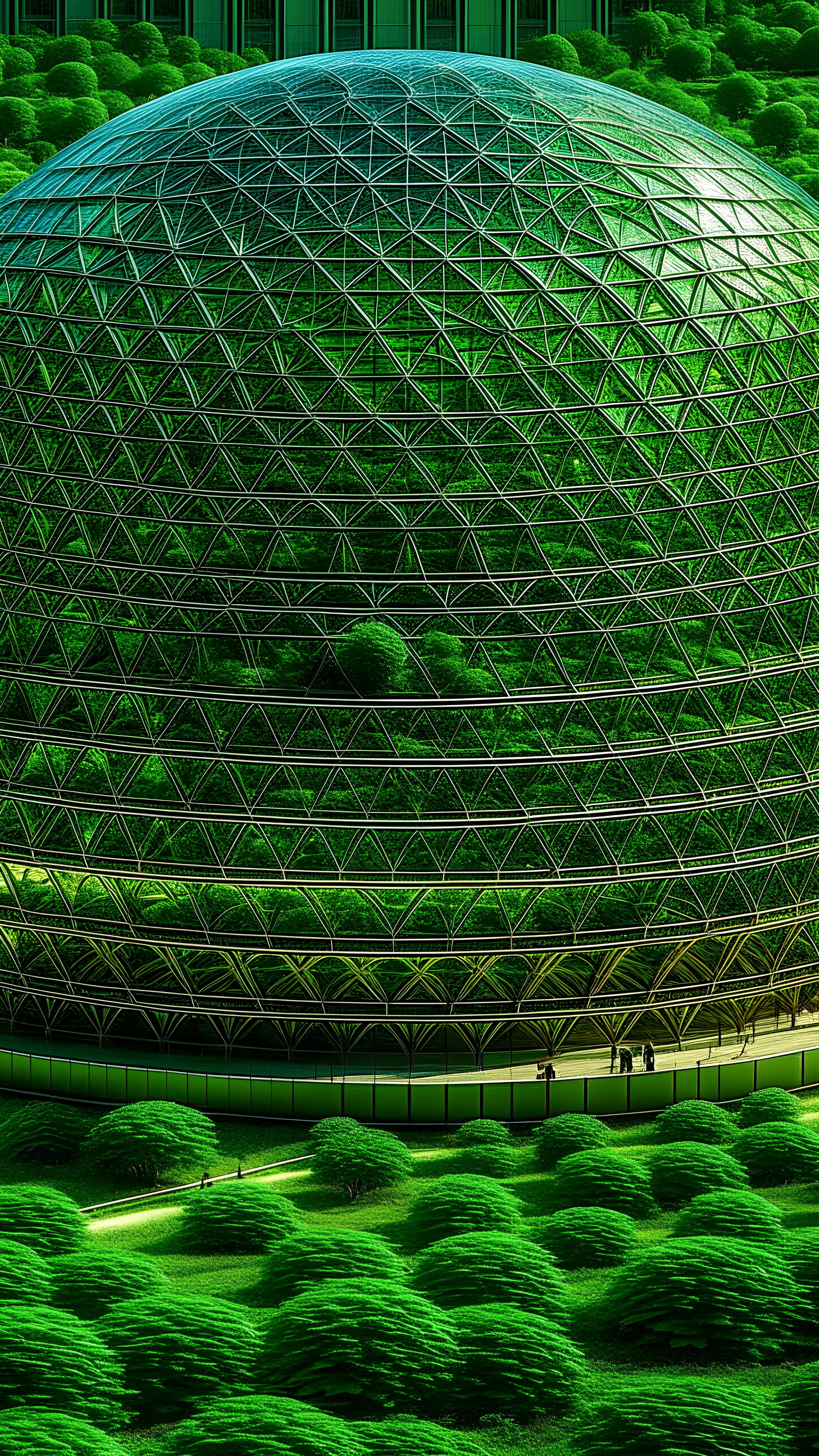 A huge glass structure in the shape of a hemisphere, which is located in the middle of the square of a busy city