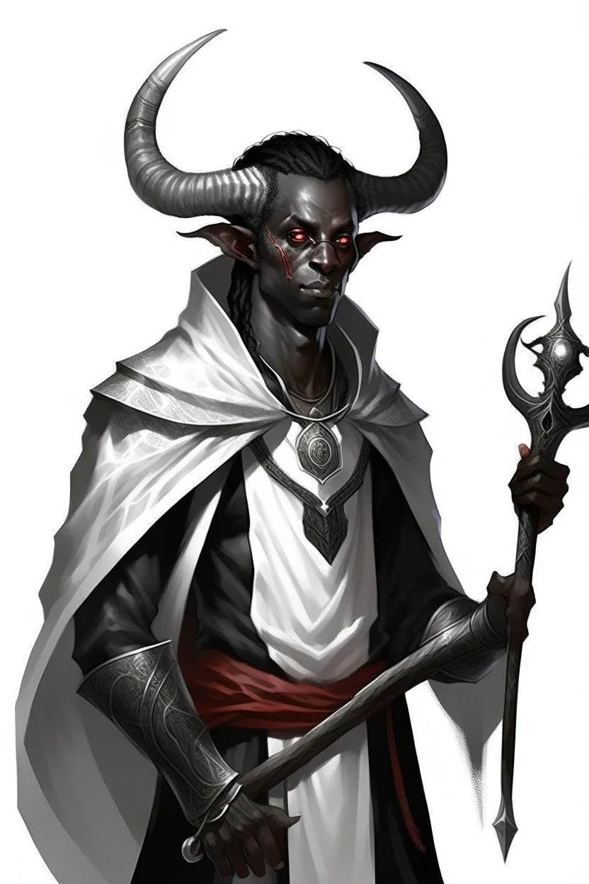 En Young male black skin black hair tiefling Wizard with large horns glowing Silver and White symbols Everywhere on his body. He's wearing silver and White Rope and a silver cloak. His horn a perfectly place on acet from the front to the back pointing upwards with glowing Red cat Eyes holding a quarterstaff. His close is elegant get simple his horns Are Same size. En his other hand his casting A Spell