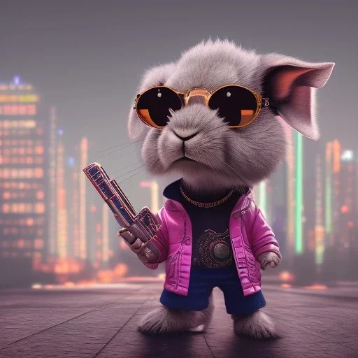 stylized Rabbit toddler, smiling, cyberpunk headphone, sunglass, gangsta gold neckless, full body, magenta puffer jacket, manila city backdrop, dramatic lighting, hyper realistic, unreal engine 5, 16k