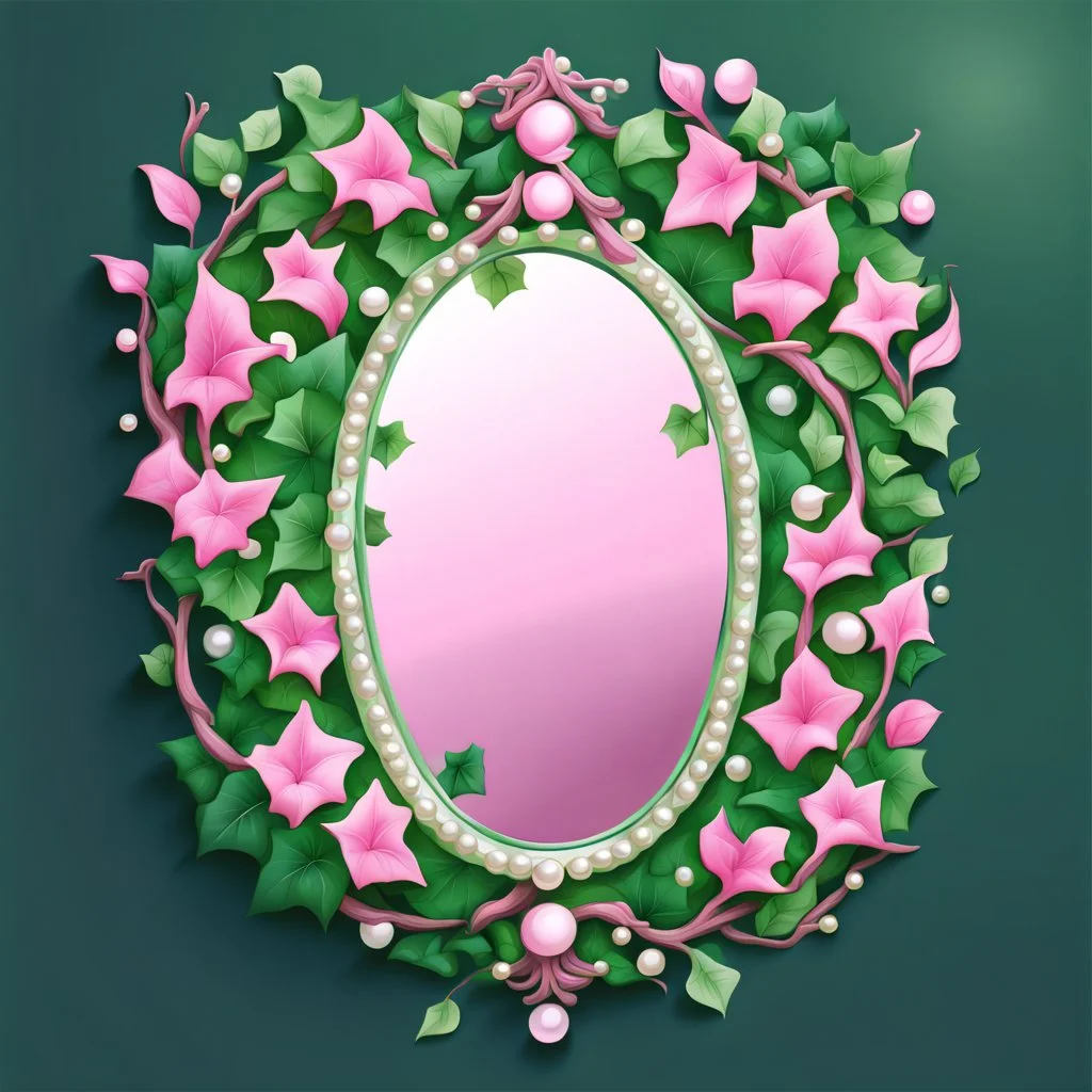 Create an Artwork of a Mirror with ivy branches and pearls necklace, Like a creative Logo for a Varasity Jacket to put a random number uin it, illustration. Colors should be pink and green