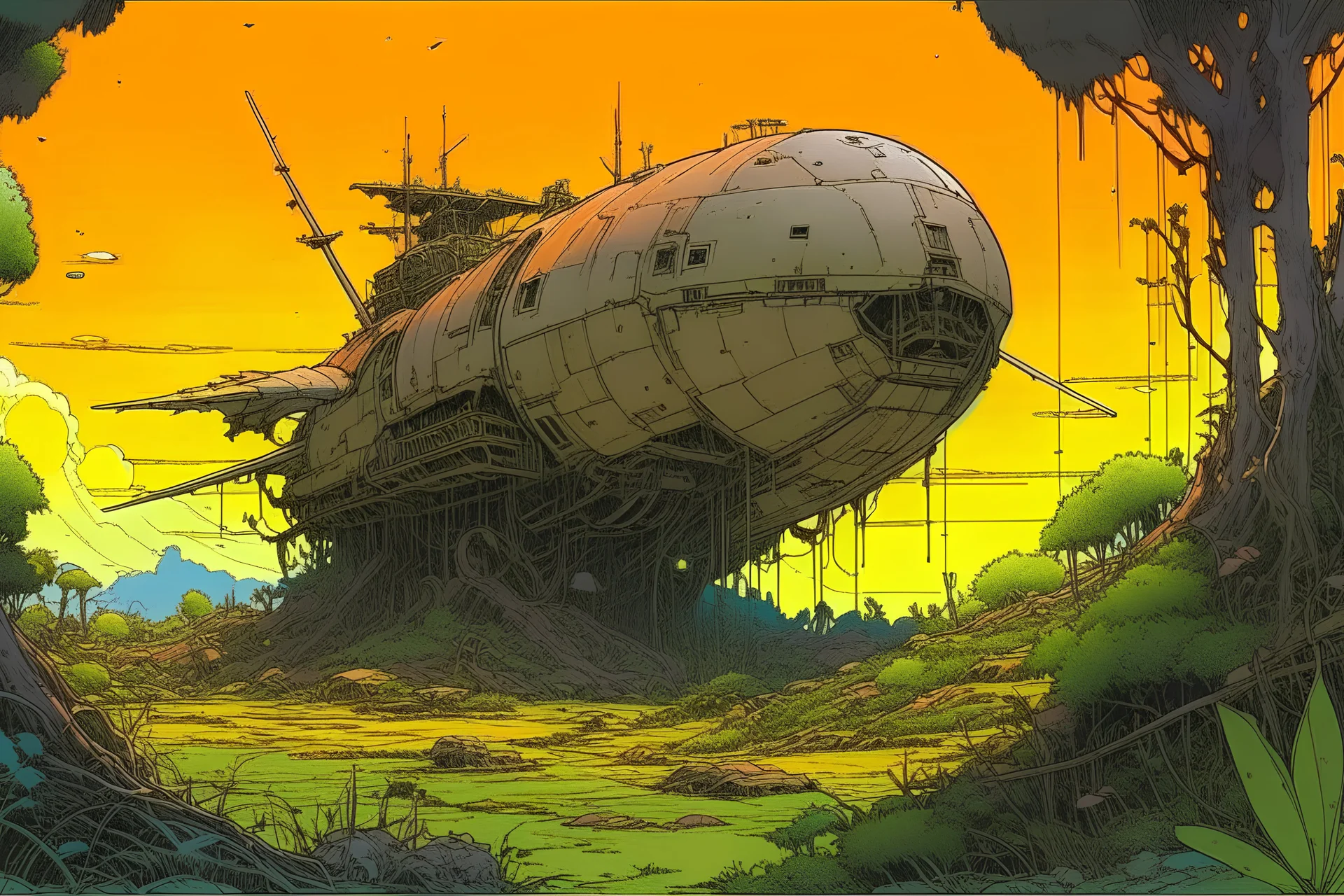 lush dense jungle, sunset, horizon view spacecraft crashed wreck by moebius