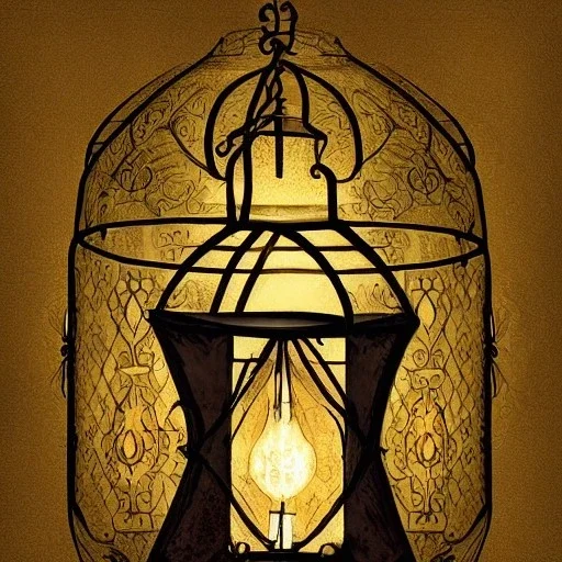 fireflies inside a wrought iron lantern, luminescent glow, intricate, ornate, highly detailed digital painting, fine lineart, warm tones,