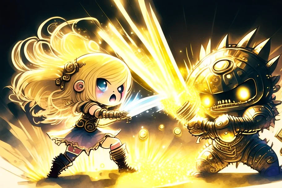 cute blonde chibi princess fighting with an ugly giant monster with a golden laser sabre, golden coin stacks, pond, in sunshine, H.R. Giger, anime, steampunk, surreal, watercolor and black in outlines, golden glitter, ethereal, cinematic postprocessing, bokeh, dof