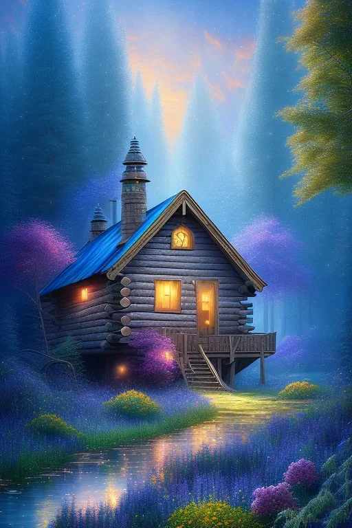 sharp focus, romanticism, mystical forest, wooden cabin, Neo-Impressionism, mystical, purple blue yellow silver teal black olive azure, red, pink, brown, flowers,