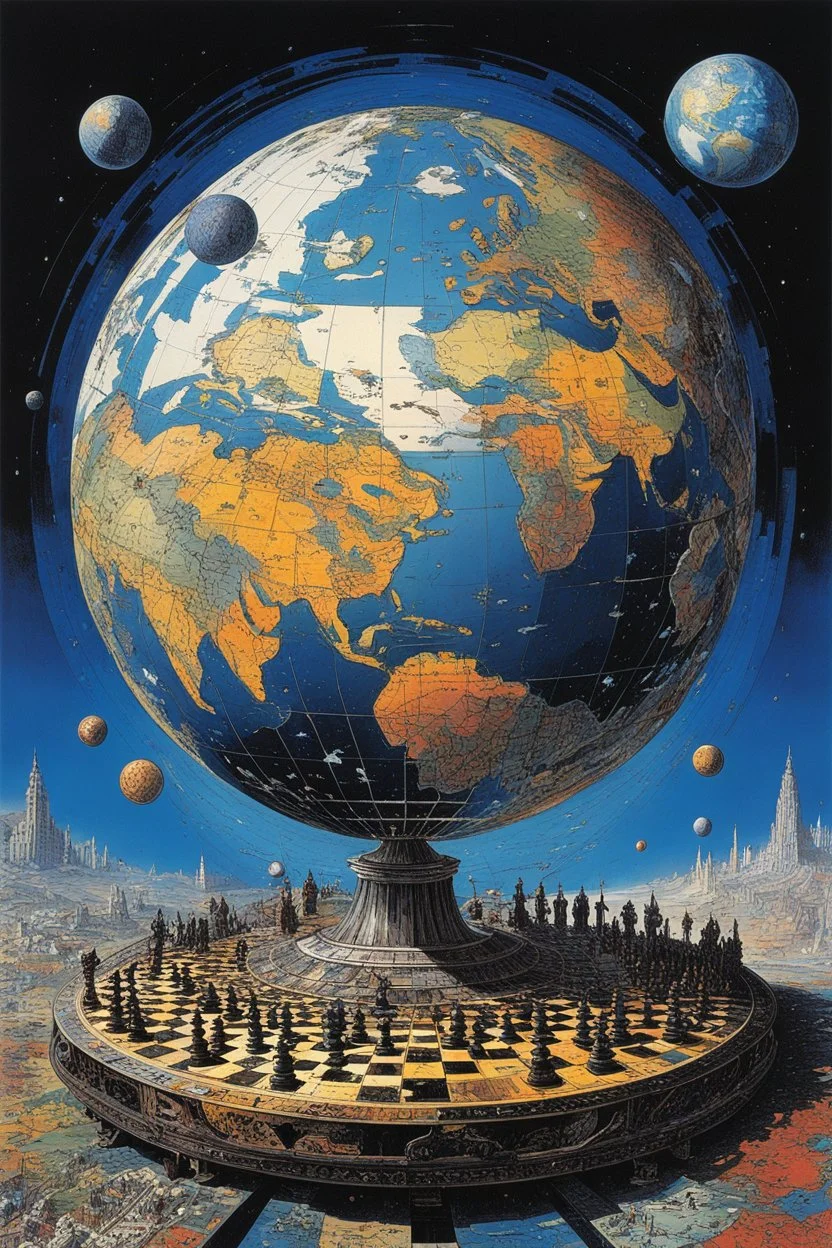 [art by Philippe Druillet] a large, shattered globe that also serves as a chessboard. Each fragment of the globe represents a different country, with chess pieces resembling world leaders placed on top of these fragments.