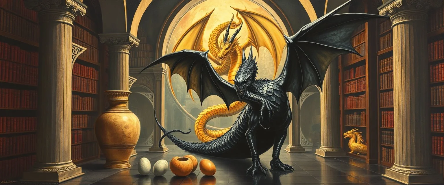 master oil painting by Escher and Giger, glaring vases and black humanoid reflective female dragon and hidden golden dragon inside library, cryptic eggs, sacred geometry