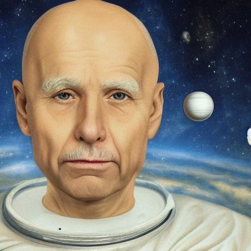 portrait of a bodyless elderly bald head floating in space, surrounded by white orbs