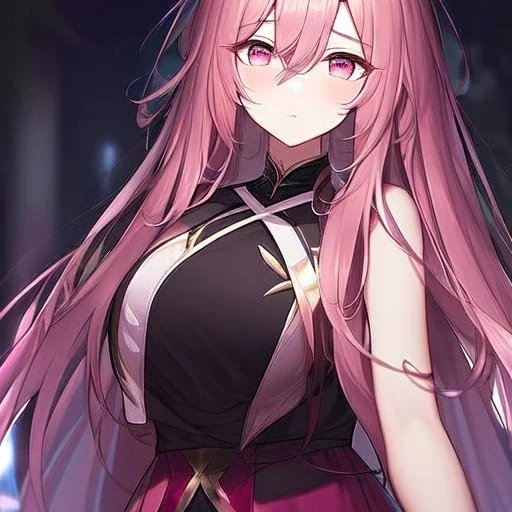 Clear focus,8k,Beatiful Lighting,Beatiful Blur,Beatiful Face,Beatiful Shading,Crimson long hair,silky hair, long silky bangs, pink eyes, wearing a detailed outfit outfit,must wear a short black skirt, Hair in eyes, lot of hair,One arm is sleeveless,Extreme Close Up