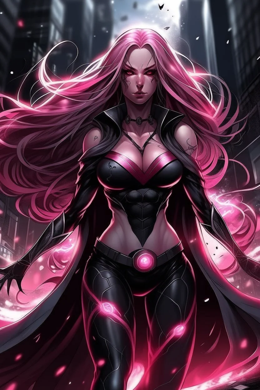 super hero woman, big body, good body, good ass, pink long hair, lighting plasma on hands and eyes, black and silver costume, rude mode, cape, splashed for blood, high quality details, intrincate details, street and moon background.