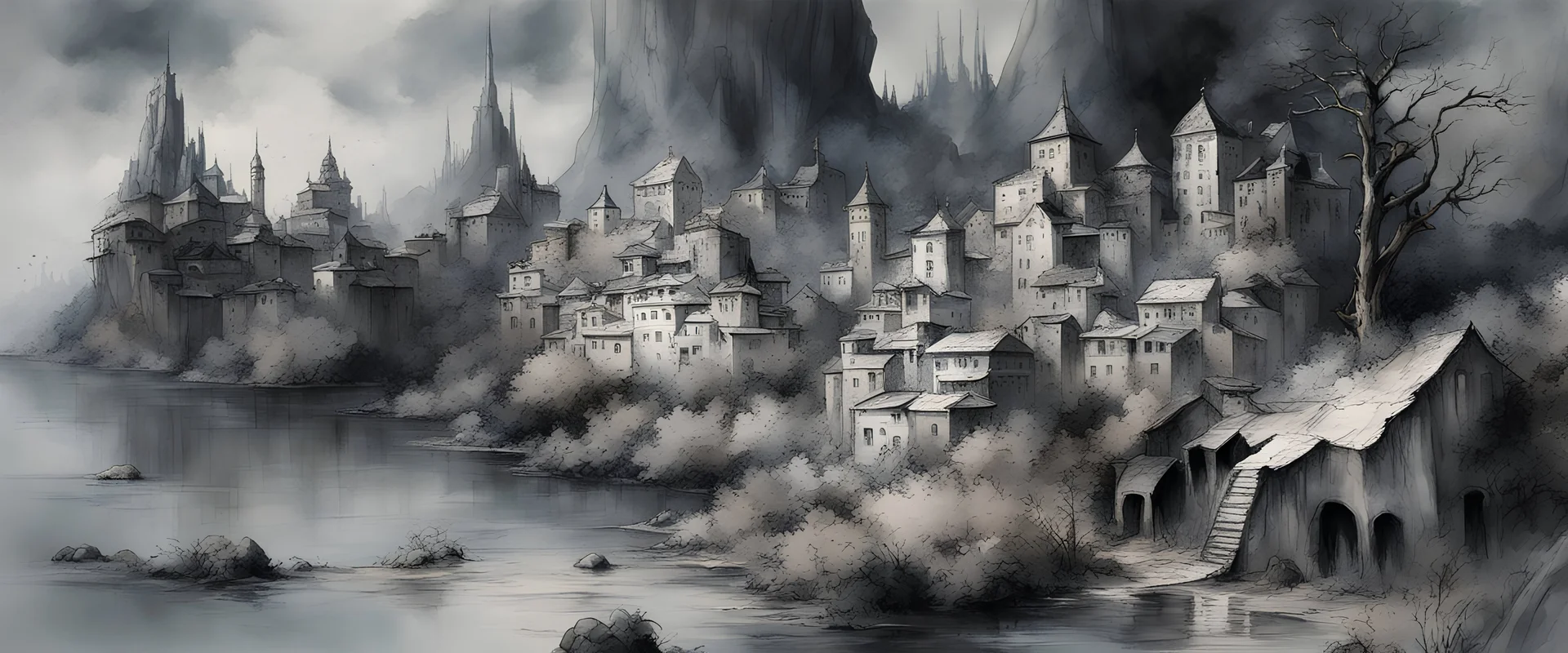 city on a karstic spur by a river Zur's Weirding in modern european ink painting art style metal sea shell