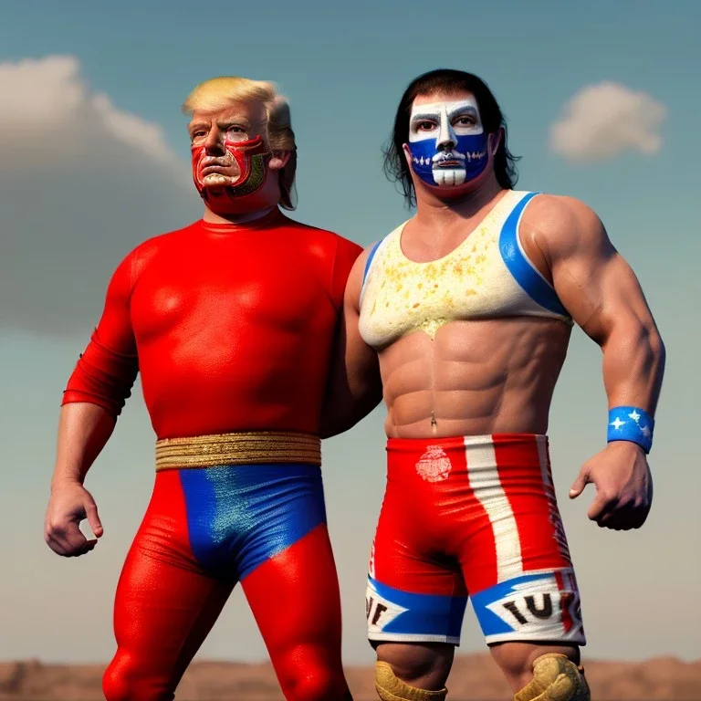 Realistic image of Donald trump wrestler, Mexican wrestling style, Mexican wrestling mask eyes, red and blue breeches, glow us flag dress, suspenders, retro style, 80s, vibrant color, highly detailed, sky background, concept art, unreal engine 5, god rays, ray tracing, RTX, lumen lighting, ultra detail, volumetric lighting, 3d, finely drawn, high definition, high resolution.