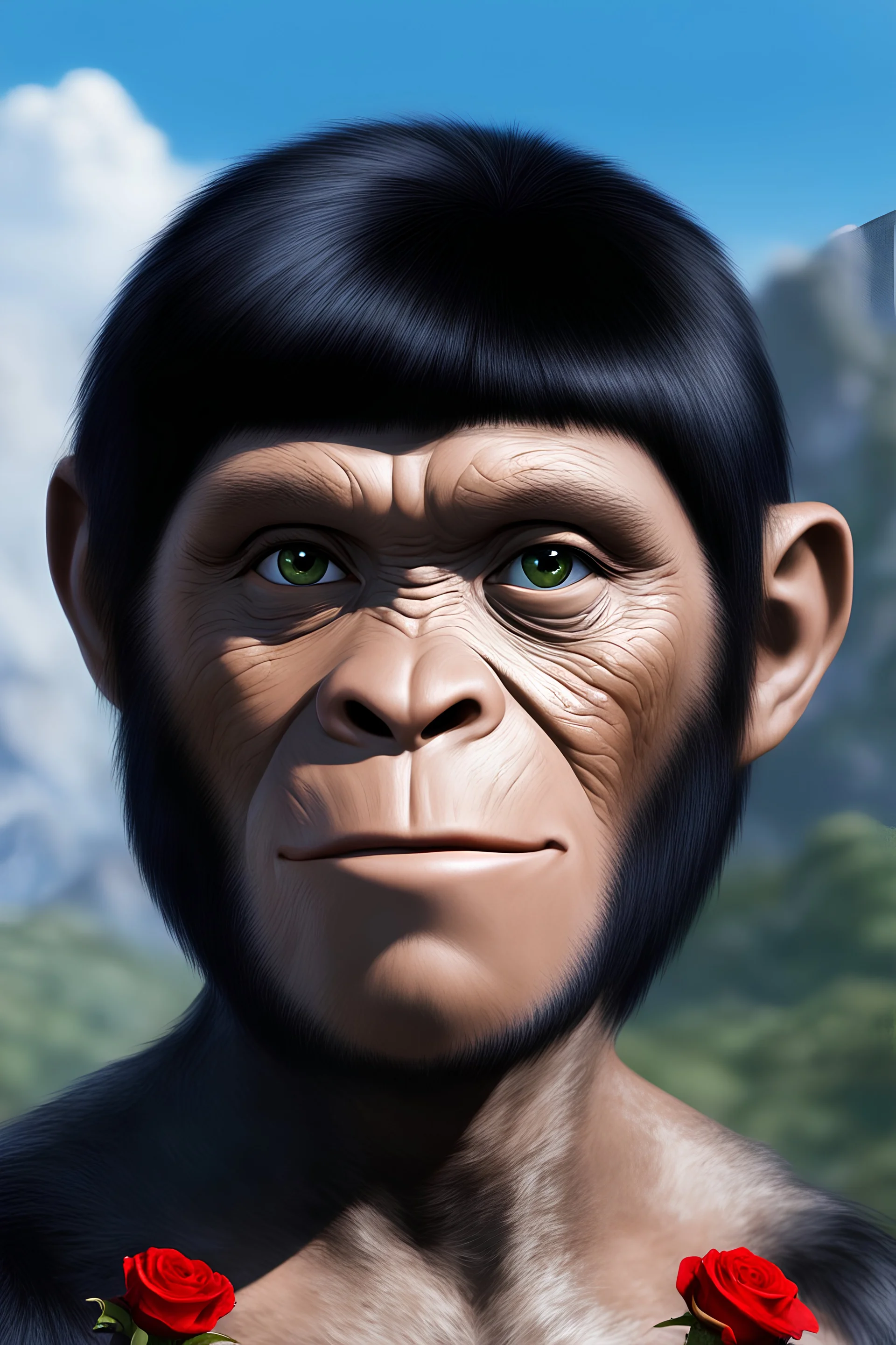 Planet of the Apes - black hair, Deep Blue Eyes - head and shoulders portrait - Smiling - Lenna, part chimpanzee, part human, short, bowl-cut, straight black hair, the bangs cut straight across the forehead, she resembles a Zira from the Planet of the Apes, and she resembles Spock - Mountains, blue skies, clouds, red roses, blue roses, yellow roses, honeysuckle roses, carnations, lilacs, oil painting by Frank Frazetta